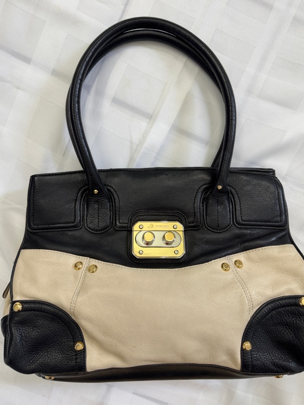 B. Makowsky Large Black and Cream Leather Shoulder Bag with Gold/Silver Hardware